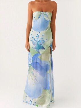 Strapless Floral Maxi Dress in Blue and Green